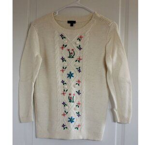 Talbots Floral Embroidered White Cable Knit Sweater Pom XS Cottagecore garden